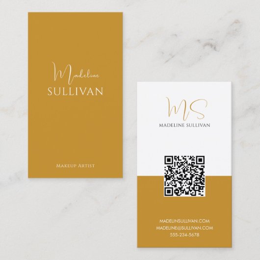 Boho Mustard Calligraphy Script QR-Code Visitenkarte (Vorne/Hinten)