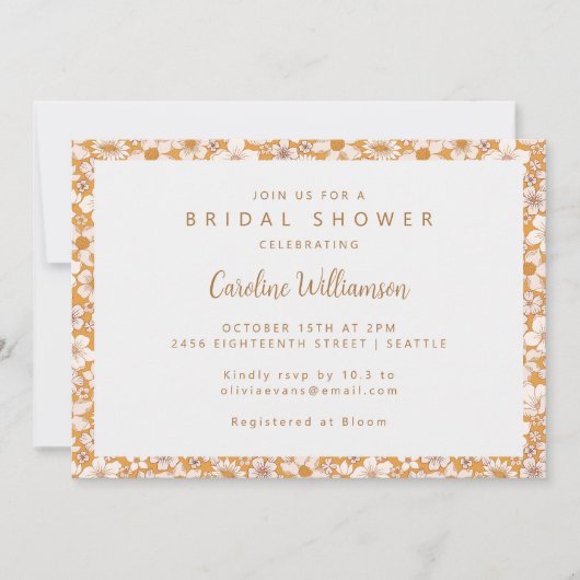 Boho Mustard Yellow Spring Floral Brautparty Einladung (Vorderseite)