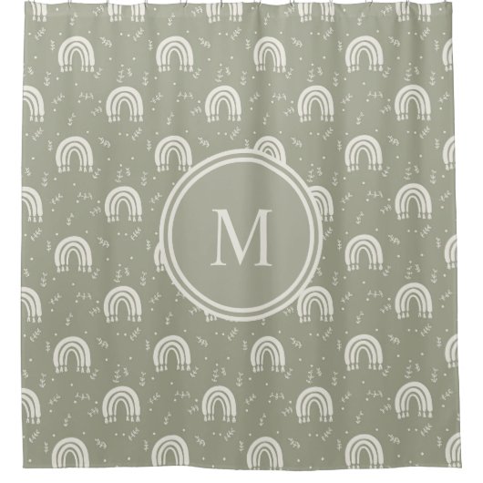 Boho Muster Sage Green Mit Monogramm Duschvorhang (Vorderseite)