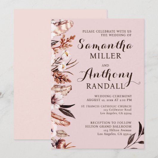 Boho Mute Wasserfarben Blume Einladung Hochzeit (Vorne/Hinten)