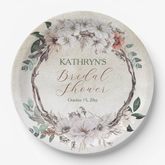 Boho Mutes Fall Floral Brautparty Pappteller (Vorderseite)