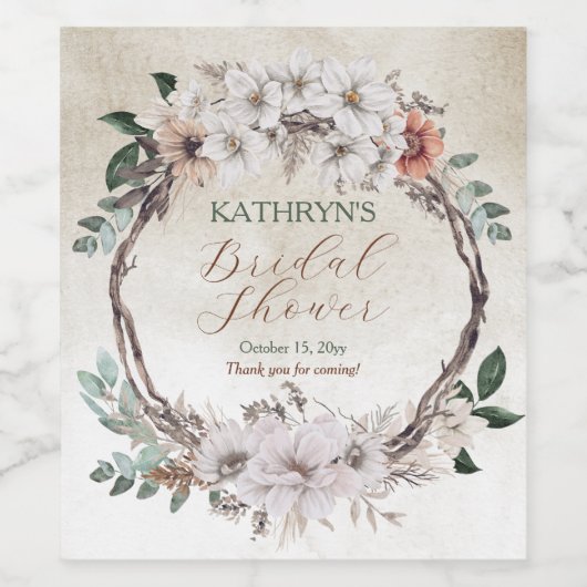 Boho Mutes Fall Floral Brautparty Weinetikett (Einzelnes Label)