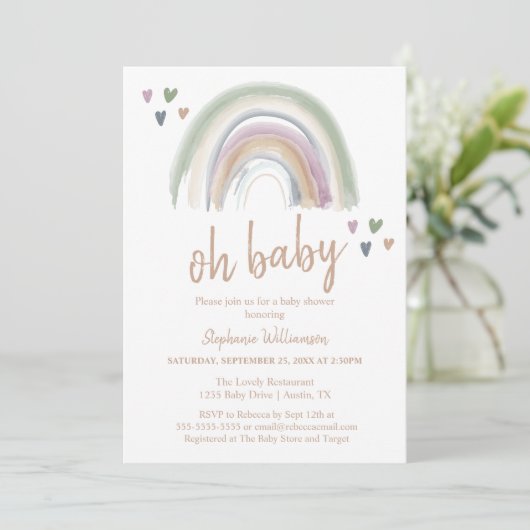 Boho Mutes Rainbow Baby Shower Einladung (Stehend Vorderseite)