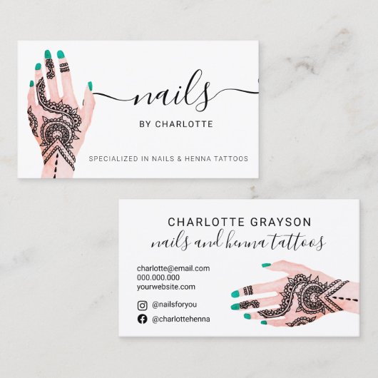 Boho nails grün henna tattoos Abbildung Visitenkarte (Vorne/Hinten)