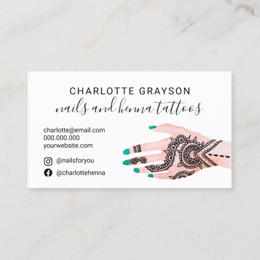 Boho nails grün henna tattoos Abbildung Visitenkarte (Rückseite)
