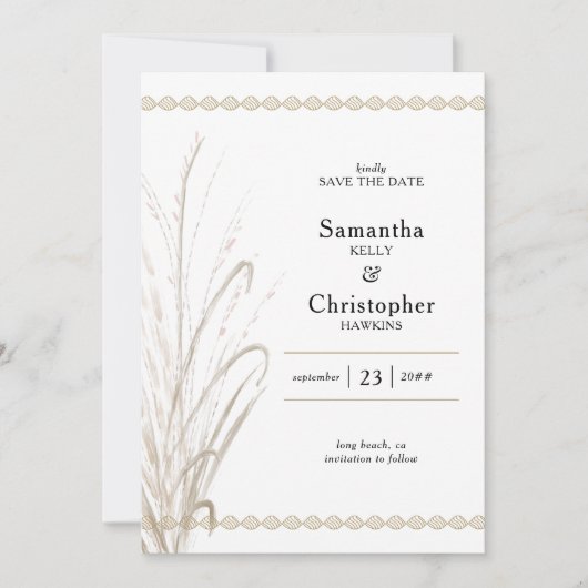 Boho Natural Pampas Grass Elegantes Foto Save The Date (Vorderseite)