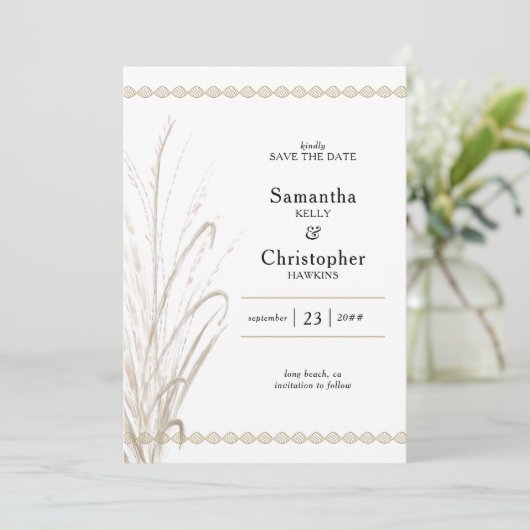 Boho Natural Pampas Grass Elegantes Foto Save The Date (Stehend Vorderseite)