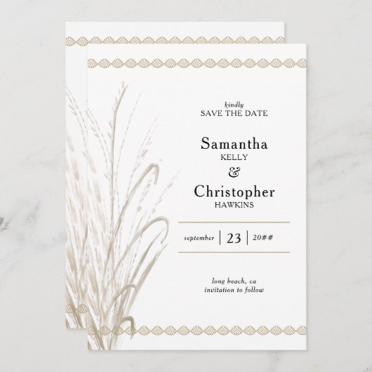 Boho Natural Pampas Grass Elegantes Foto Save The Date (Vorne/Hinten)