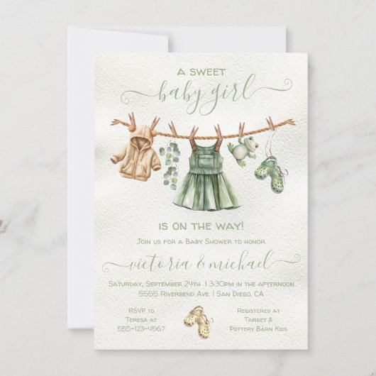 Boho Nature Baby Shower Girl Clothesline Einladung (Vorderseite)