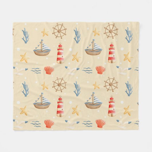 Boho Nautical Boat Lighthouse Muster Fleecedecke (Vorderseite (Horizontal))