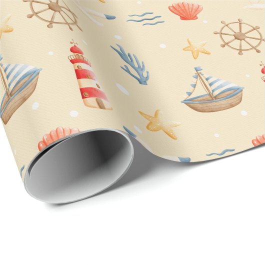 Boho Nautical Boat Lighthouse Muster Geschenkpapier (Rolleneckpunkt)