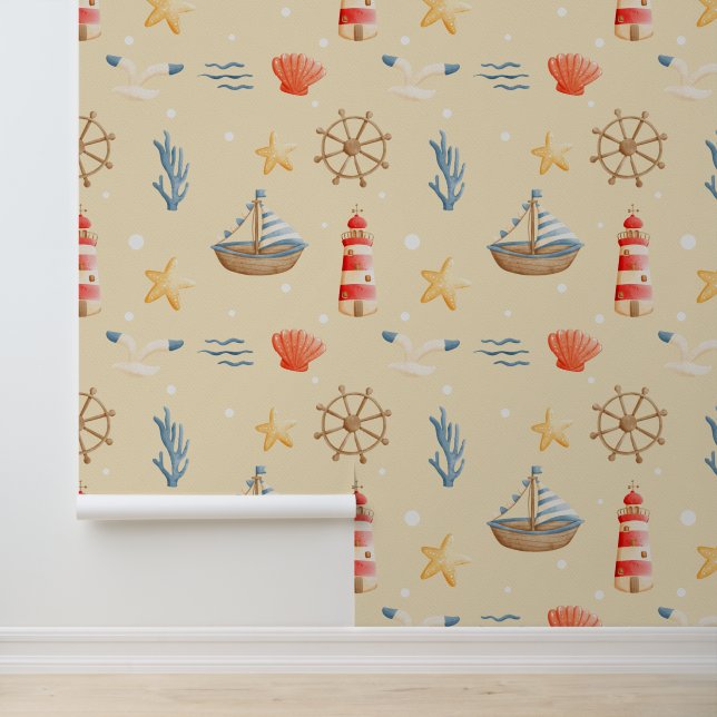Boho Nautical Boat Lighthouse Muster Kinderzimmer Tapete (Anwendung)