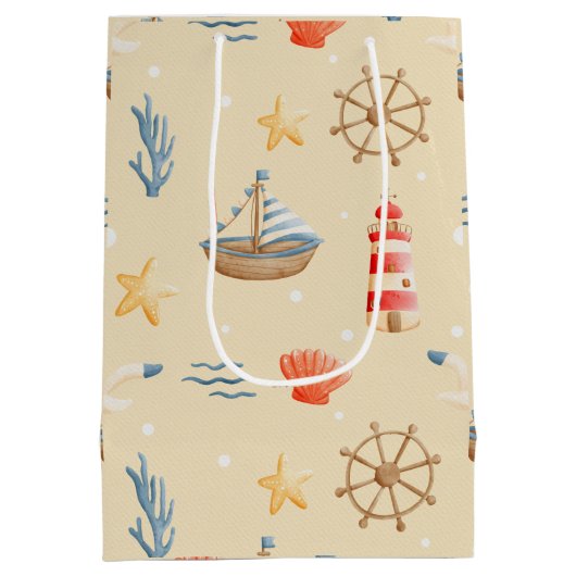 Boho Nautical Boat Lighthouse Muster Mittlere Geschenktüte (Rückseite)