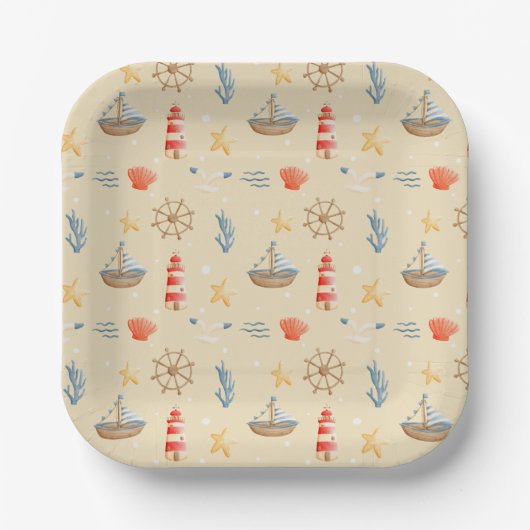 Boho Nautical Boat Lighthouse Muster Pappteller (Vorderseite)