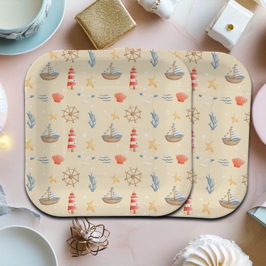 Boho Nautical Boat Lighthouse Muster Pappteller