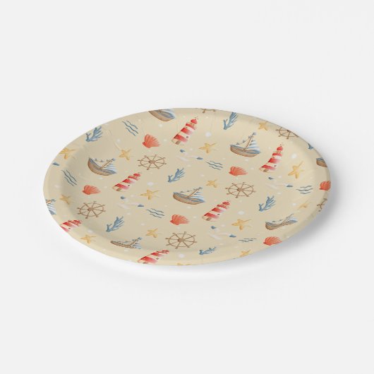 Boho Nautical Boat Lighthouse Muster Pappteller (Schrägansicht)