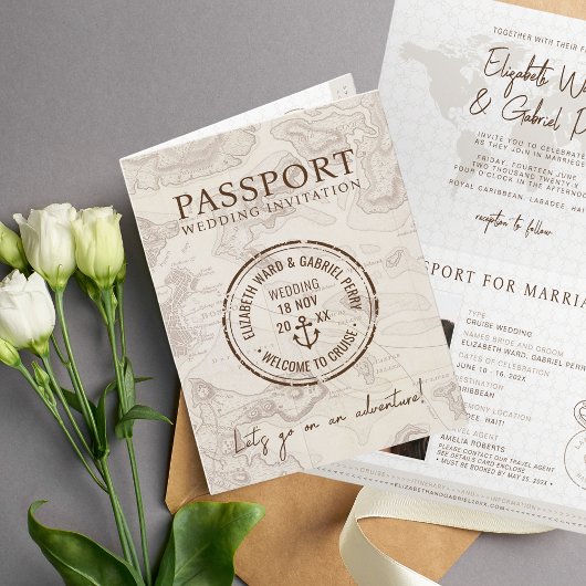 Boho Nautical Passport Hochzeit in Urlaubsort Einladung