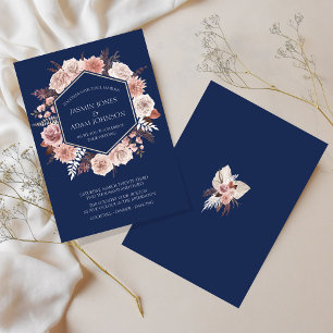 Boho-Navy-Blau-Rosa-Blumenkranz-Hochzeit Einladung