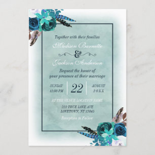 Boho Navy Blue Aqua Watercolor Einladung zur Hochz