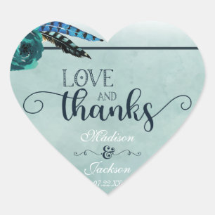 Boho Navy Blue & Aqua Wedding Liebe & Danke Herz-Aufkleber