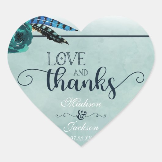 Boho Navy Blue & Aqua Wedding Liebe & Danke Herz-Aufkleber (Vorderseite)