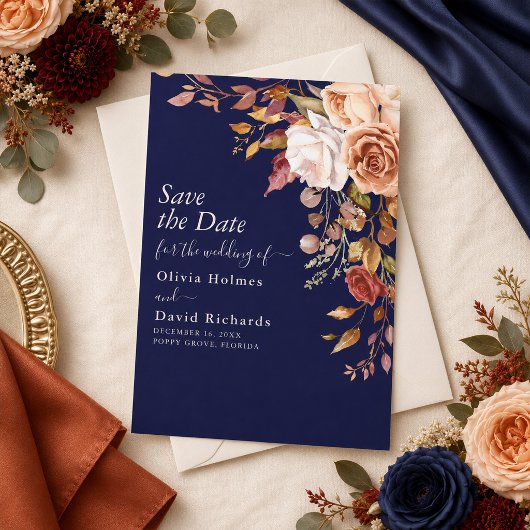Boho Navy Blue Burnt Orange Floral Wedding Save The Date