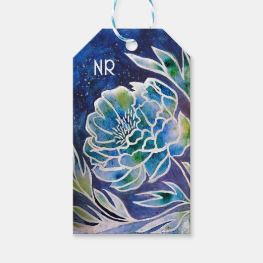 Boho Navy Blue Celestial Dahlia Floral Watercolor Geschenkanhänger (Vorderseite)