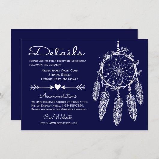 Boho Navy Blue Details Dreamcatcher Tribal Hochzei Einladung (Vorne/Hinten)