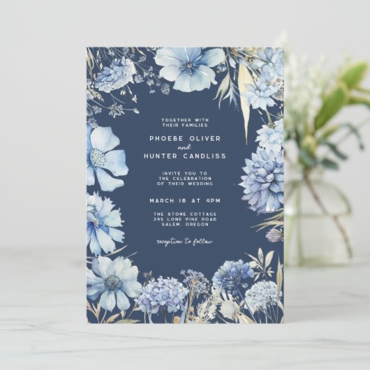 Boho Navy Blue Gold Wildblumen Botanische Hochzeit Einladung (Stehend Vorderseite)