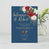 Boho Navy Blue und Burgund Floral Watercolor Einladung (Stehend Vorderseite)