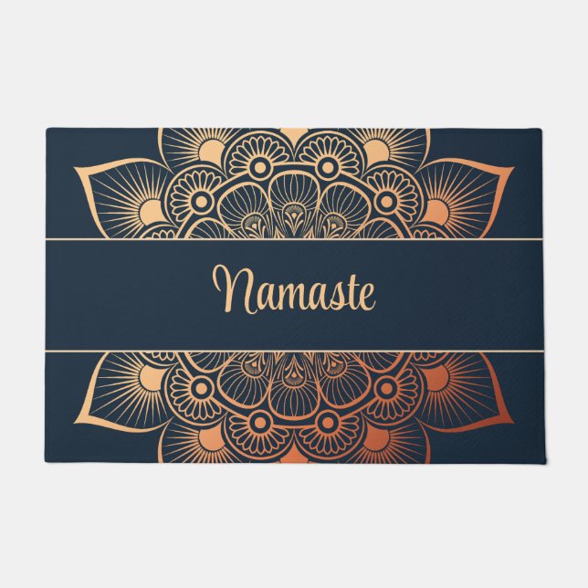 Boho Navy Blue und Peach Mandala Custom Text Fußmatte (Vorderseite)