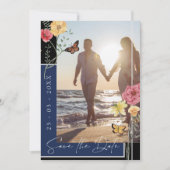 Boho Navy Blue Wildblumen Foto Save the Date (Vorderseite)