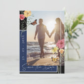 Boho Navy Blue Wildblumen Foto Save the Date (Stehend Vorderseite)