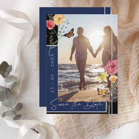 Boho Navy Blue Wildblumen Foto Save the Date