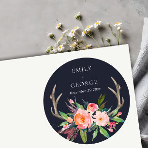 BOHO NAVY BLUSH ANTLER FLORAL LANDWEDDING RUNDER AUFKLEBER