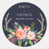 BOHO NAVY BLUSH ANTLER FLORAL LANDWEDDING RUNDER AUFKLEBER (Vorderseite)