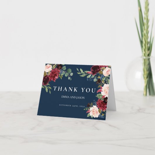 Boho Navy Burgundy Blush Wedding Dankeschön Karte (Vorderseite)