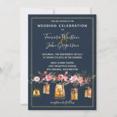 Boho Navy & Coral Floral String Lights Foto Einladung (Vorderseite)