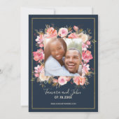 Boho Navy & Coral Floral String Lights Foto Einladung (Rückseite)