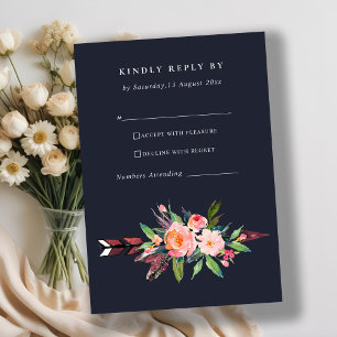 BOHO NAVY COUNTRY BLUSH ARROW FLORAL WEDDING RSVP KARTE