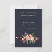 BOHO NAVY COUNTRY BLUSH ARROW FLORAL WEDDING RSVP KARTE (Vorderseite)