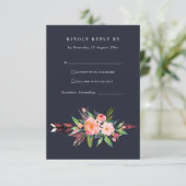BOHO NAVY COUNTRY BLUSH ARROW FLORAL WEDDING RSVP KARTE (Stehend Vorderseite)