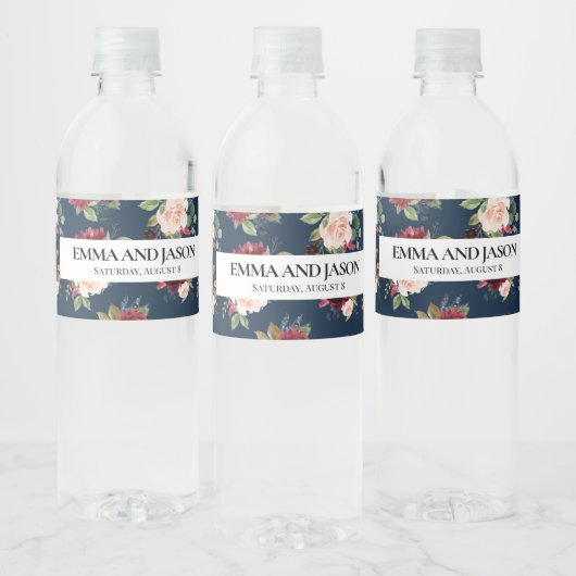 Boho Navy Floral Burgundwasser Flasche Etikett (Flaschen)