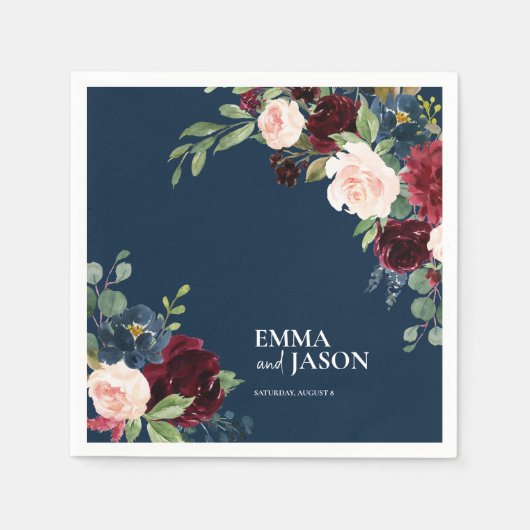 Boho Navy Floral Burgundy Blush Wedding Napkins Serviette (Vorderseite)