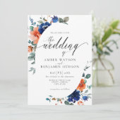 Boho Navy Floral Burnt Orange Elegant Wedding Einladung (Stehend Vorderseite)