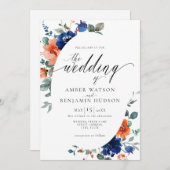 Boho Navy Floral Burnt Orange Elegant Wedding Einladung (Vorne/Hinten)