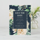 Boho Navy & Ivory Rose Elegant Save the Date Einladung (Stehend Vorderseite)