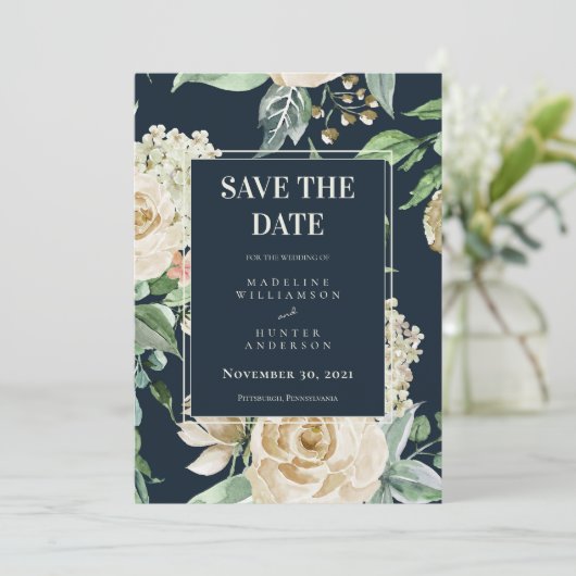 Boho Navy & Ivory Rose Elegant Save the Date Einladung (Stehend Vorderseite)