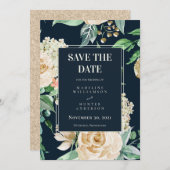 Boho Navy & Ivory Rose Elegant Save the Date Einladung (Vorne/Hinten)