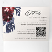 Boho Navy Maroon Monstera Floral 2 QR Code Hochzei Dreifach Gefaltete Einladung (Innen Erste Seite)